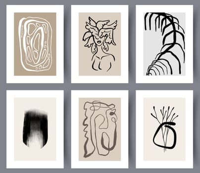 Minimalistic Scandinavian trendy designs for interior design. Printable wall art banners painting collection. Set of abstract drawing placards. Vector illustration.