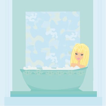 Woman bathing in bathtub in bathroom.