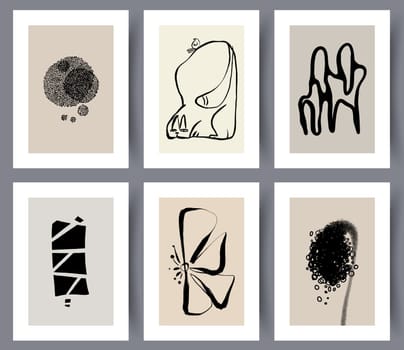 Neutral printable art wall decorations for indoors design set. Collection of Scandinavian simple creative drawing styles and artwork for interior decoration. Vector illustration.