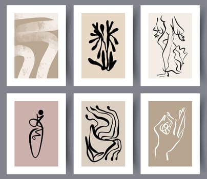 Set of neutral minimalistic hand drawn wall art designs. Collection of Scandinavian abstract posters or banners. Bundle or Nordic artwork for decoration. Vector illustration.