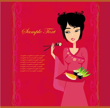 beautiful Asian girl enjoy sushi - menu template