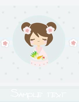 beautiful Asian little girl enjoy sushi - menu template