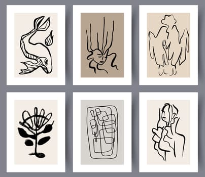 Collection of minimalistic hand drawn wall art banners. Set of minimal Scandinavian designs for interior. Printable abstract wall posters. Vector illustration.