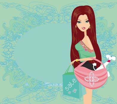 fashion girl with dog in her bag Shopping illustration