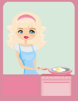 Beautiful lady cooking egg in the kitchen
