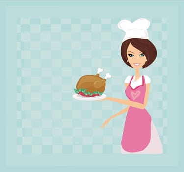 Housewife serving a chicken or turkey