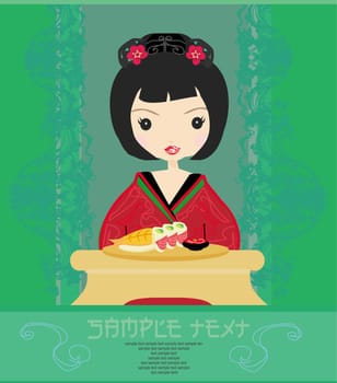 beautiful Asian girl enjoy sushi - menu template