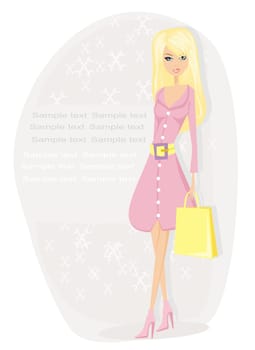 Pretty girl in coat on shopping card