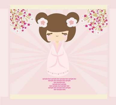 Kokeshi doll on the pink background with floral ornament