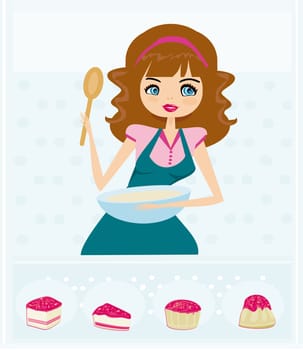 Beautiful young lady cooking cakes