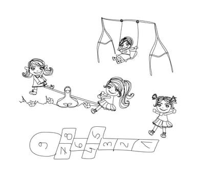 Little kids play on the playground - doodles set