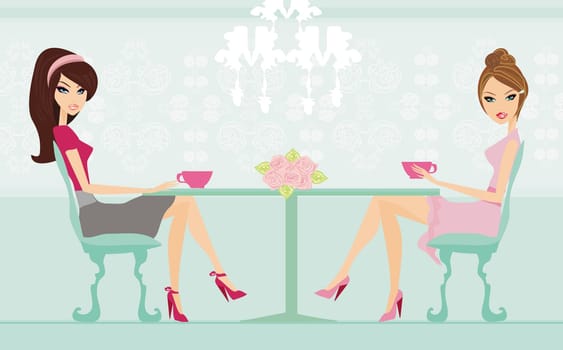 cute pretty two young womans in coffee break
