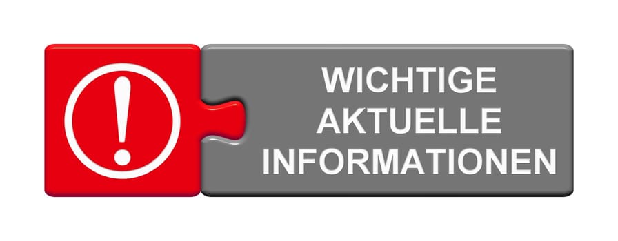 Isolated Puzzle Button with Exclamation Mark Symbol showing Important current Informations in german language 3D illustration