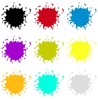 Set of 9 blobs of watercolor black, red, blue, purple, green, yellow, orange and grey
