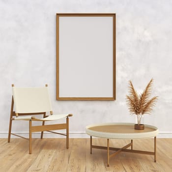 Mock up poster frames with minimal armchair in modern interior background 3D render 3D illustration
