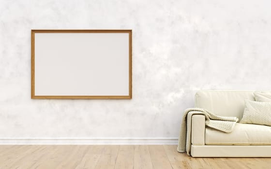 Mock up poster frames with white sofa in modern interior background 3D render 3D illustration