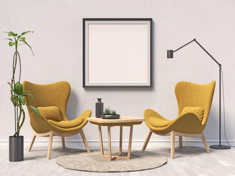 Mock up poster frames with two brown armchairs  in modern interior background 3D render 3D illustration