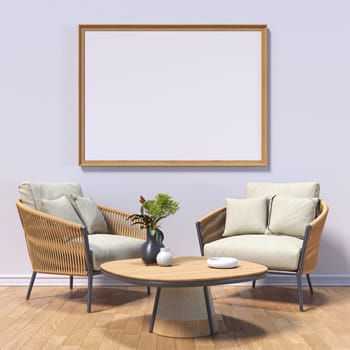 Mock up poster frames with two wooden armchairs  in modern interior background 3D render 3D illustration