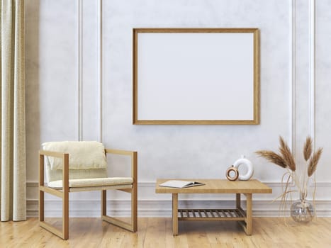Mock up poster frames with armchair and curtain in modern interior background 3D render 3D illustration