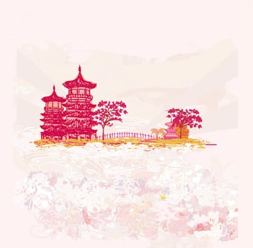 old paper with Chinese Temple on abstract Asian Landscape