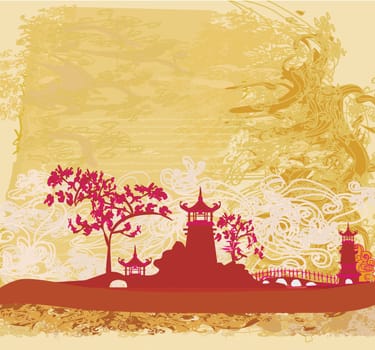 old paper with Chinese Temple on abstract Asian Landscape