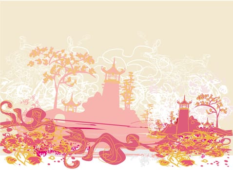 old paper with Chinese Temple on abstract Asian Landscape
