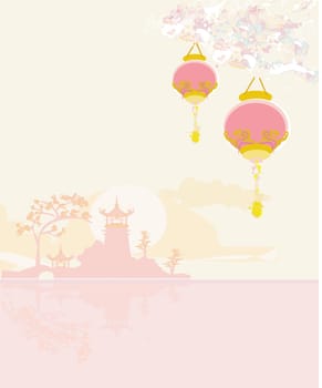 old paper with Asian Landscape and Chinese Lanterns - vintage japanese style background