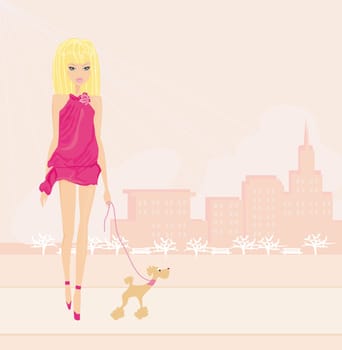 Young sexy Girl and her puppy in park in the city