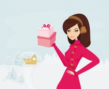 winter young girl with gift box