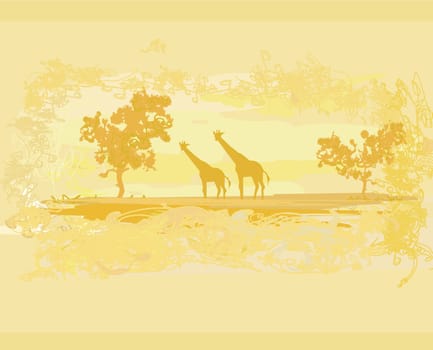 grunge background with giraffe silhouette on abstract African fauna and flora
