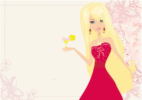 Beautiful disco blond girl with drink card