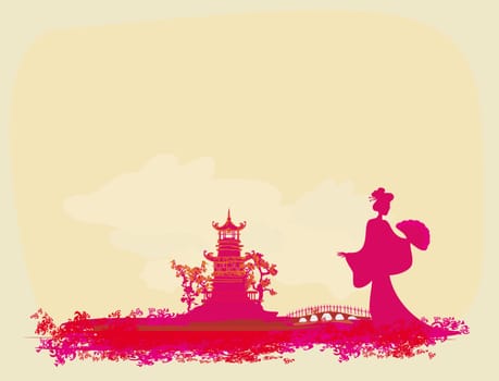 old paper with geisha silhouette on abstract Asian Landscape