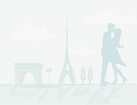 Romantic couple silhouette in Paris kissing near the Eiffel Tower