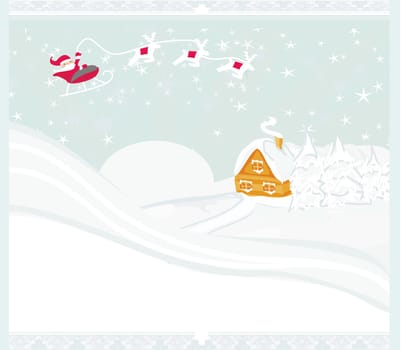 Happy New year card with Santa and winter landscape