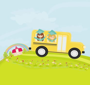 a school bus heading to school with happy children