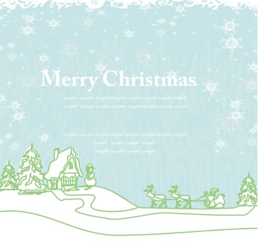 Happy New year card with Santa and winter landscape