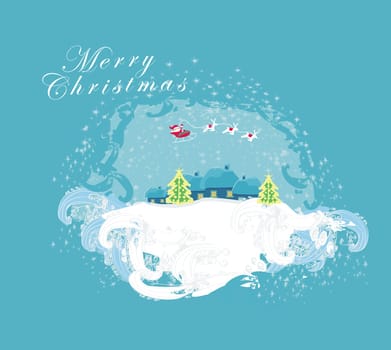 Happy New year card with Santa and winter landscape