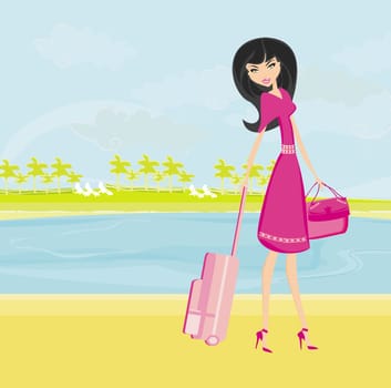 beauty travel girl with baggage on vacation