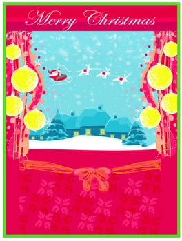 Happy New year card with Santa and winter landscape