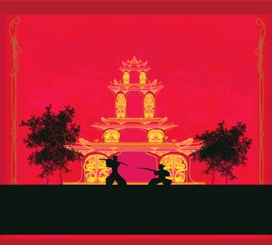 old paper with Samurai silhouette on Asian Temple landscape