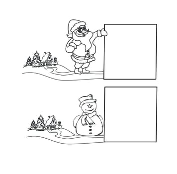 Happy New year card with Santa, snowman and winter landscape - doodle