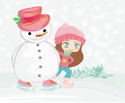 Girl and snowman on a skating rink on winter landscape
