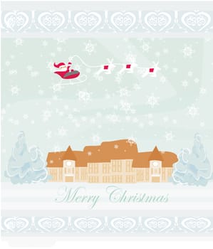 Happy New year card with Santa and winter landscape