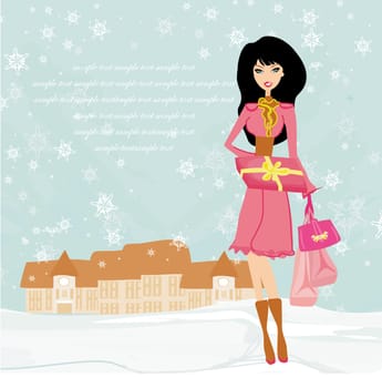 fashion shopping girl with shopping bags and gift box