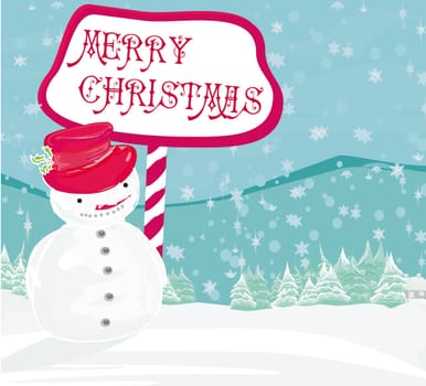 Happy snowman on winter landscape Christmas card