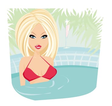 vector image of girl and tropical pool