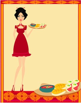 beautiful Asian girl enjoy sushi - menu template