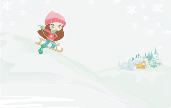 Little happy girl sledding on winter landscape- vector illustration