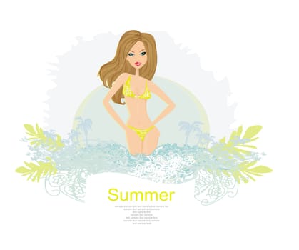 Grunge banner with palm trees and sexy girl in bikini poster