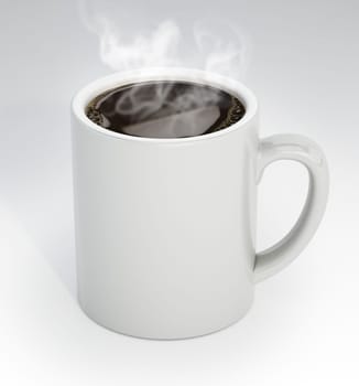 White porcelain coffee cup with steaming coffee. 3D illustration.
